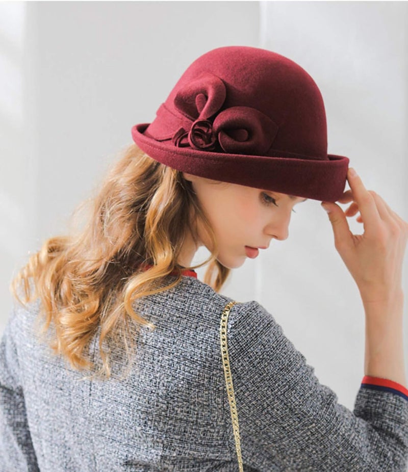 ORIDOOR Women Vintage Wool Felt Flowers Bucket Cloche Bowler Hat Church Wedding Dress Fascinator Hat Winter Felt Fedoras - Image 2